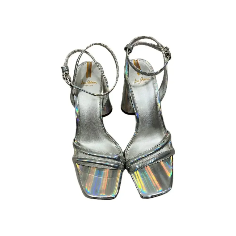 Sam Edelman Y2k Chunky Heels 8.5 Strappy Block Silver Holographic Prom Hoco